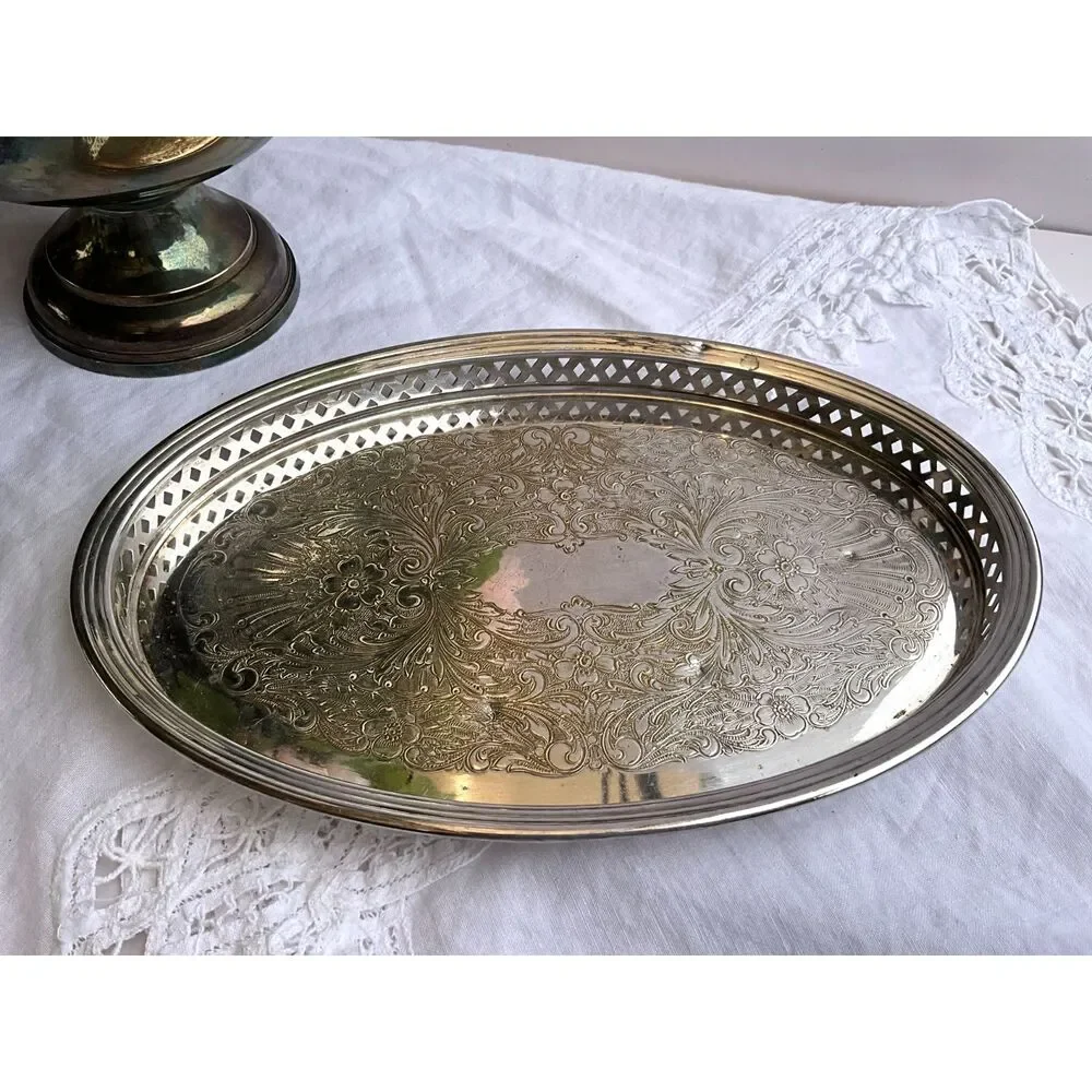 Sheffield Silver Co Vintage oval etched tray pierced sides beautiful